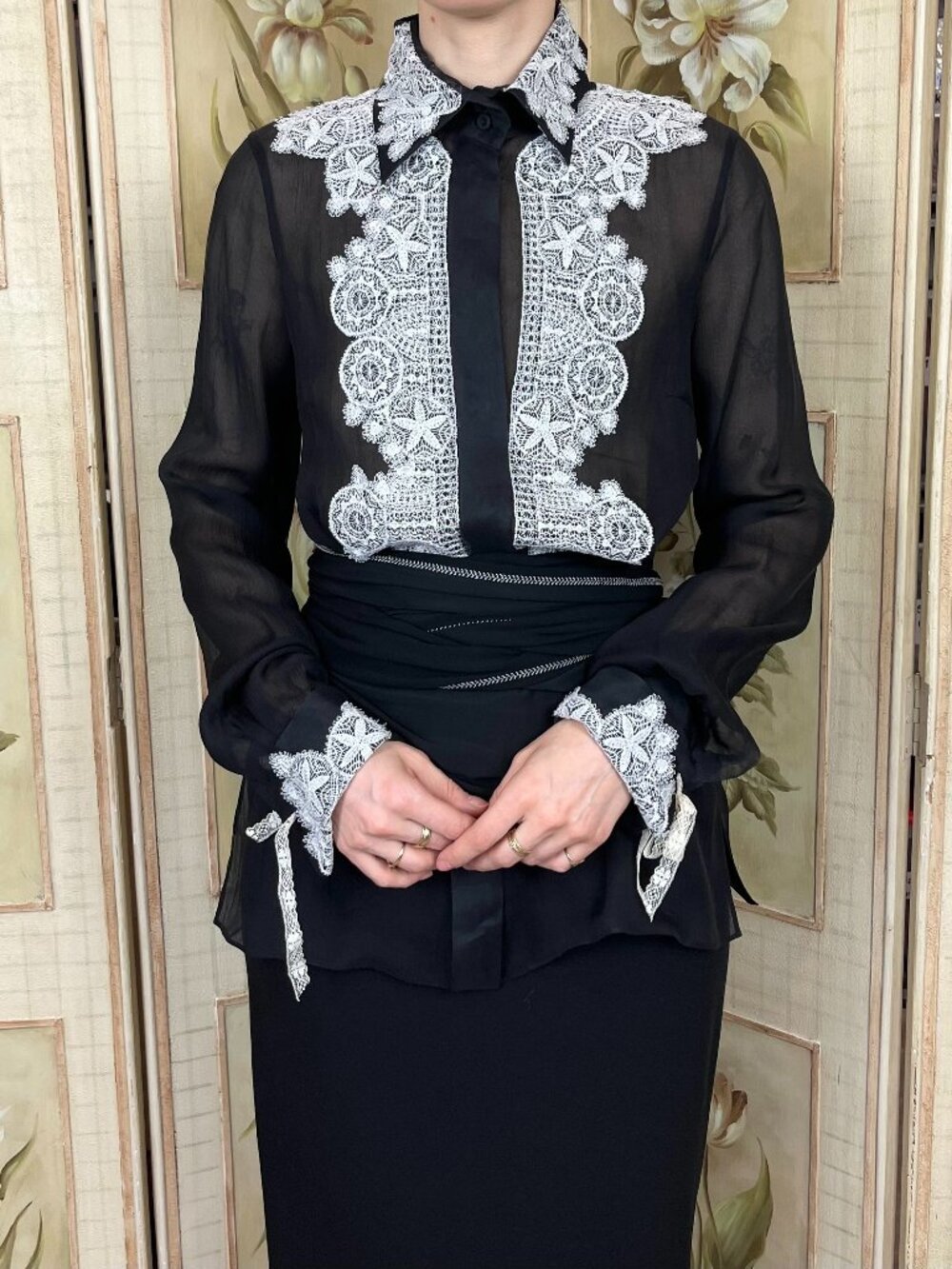 Vintage Gianfranco Ferre Black Lace Applique Front Blouse